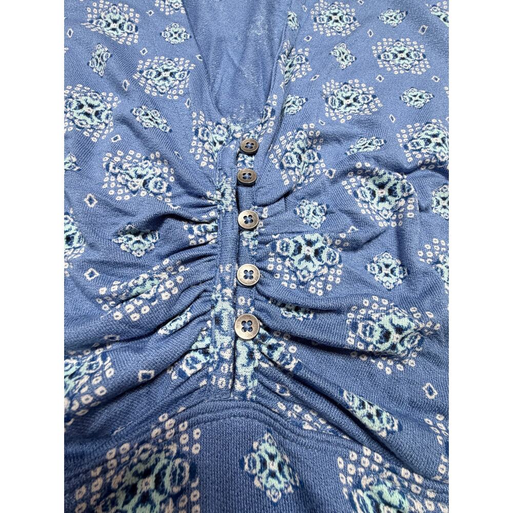 Free People Blue Patterned Ruched Front Long Sleeve Collar Top Small Boho Y2K - Picture 6 of 10